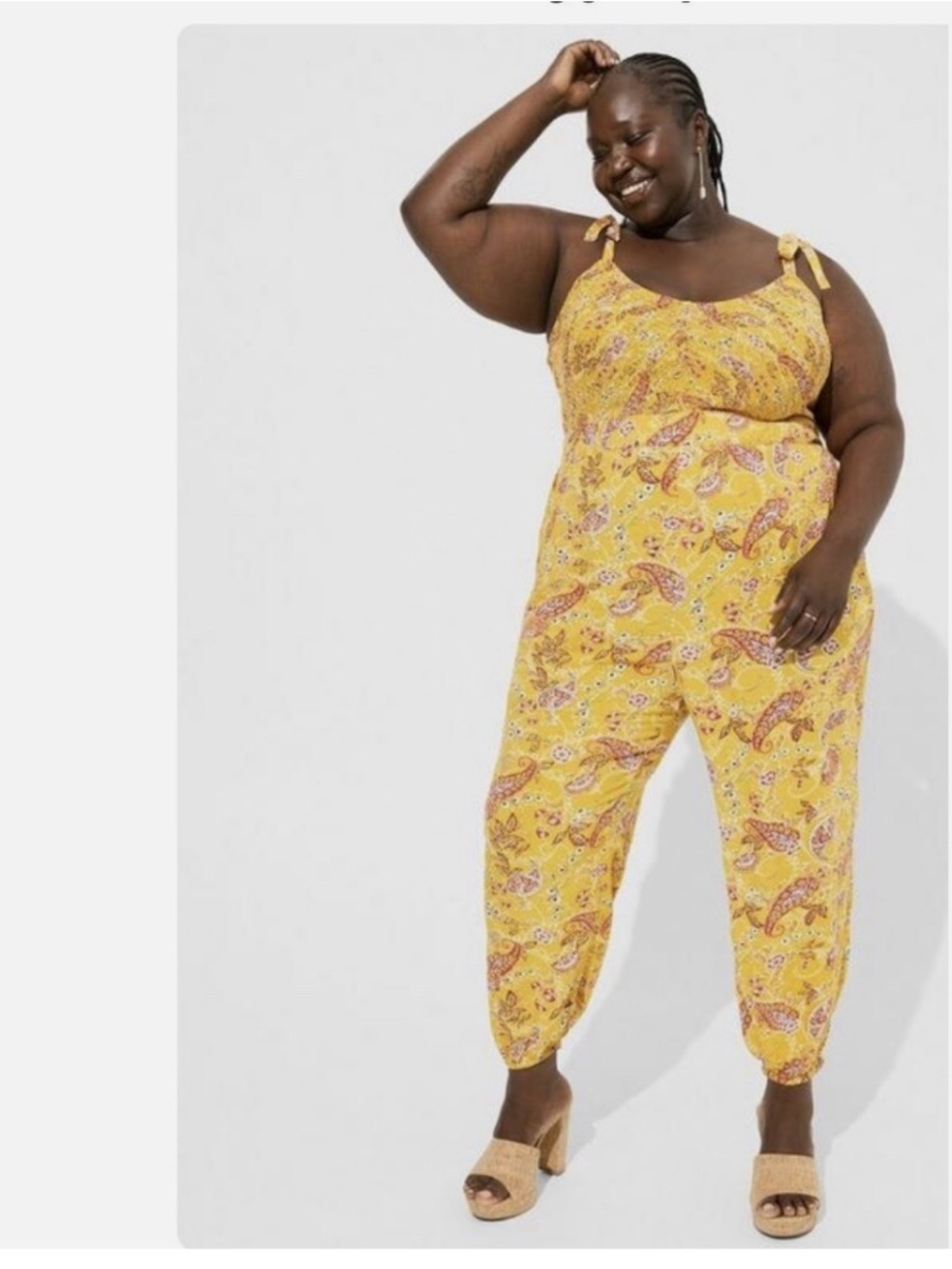 NWT Torrid Size Large Yellow Paisley Tie-Shoulder Jumpsuit Boho Festival
